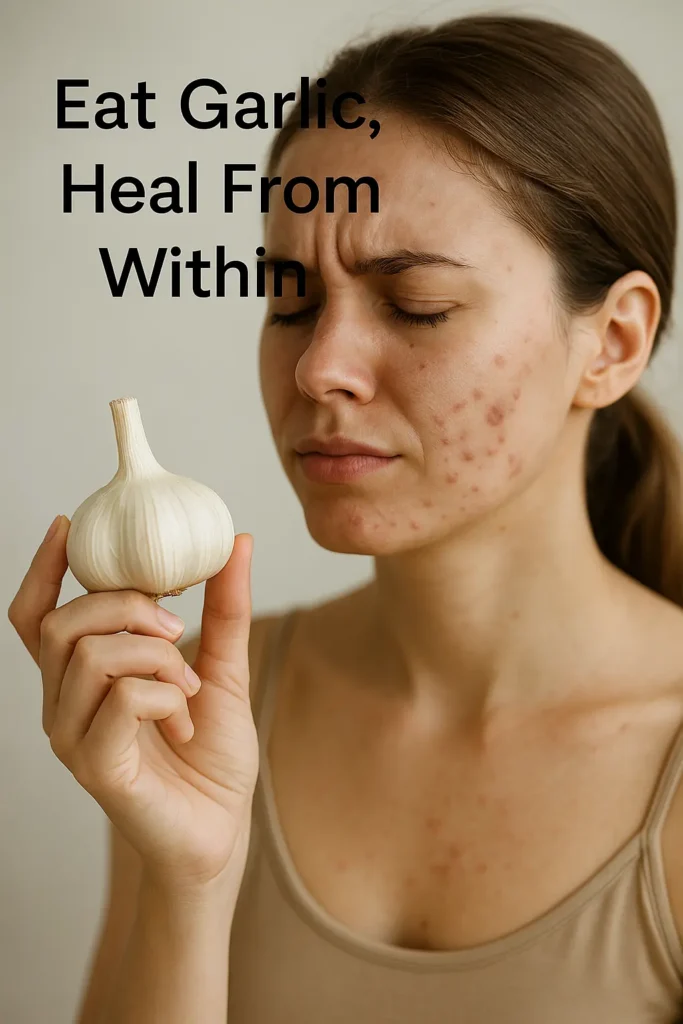Garlic bulbs beside a woman’s hand and mirror with text “Eat Garlic, Heal From Within”