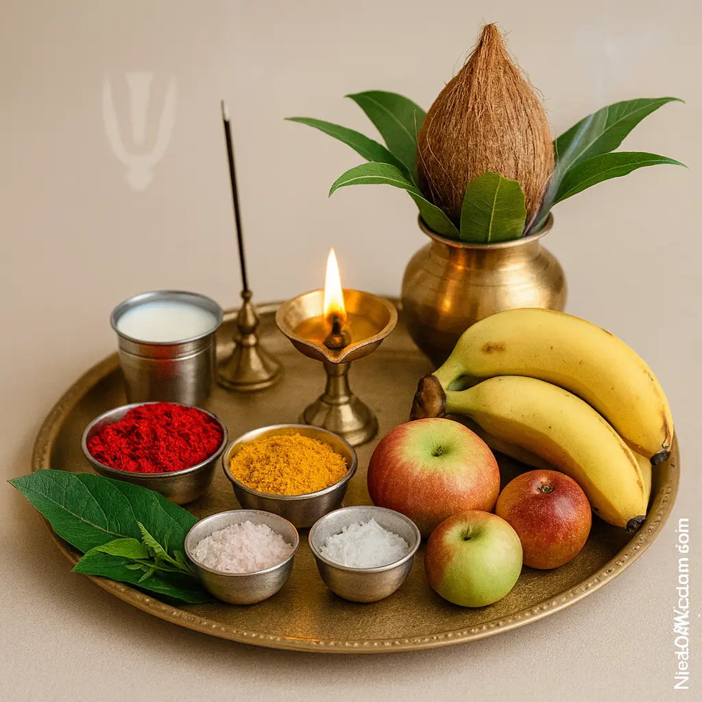 Pournami Amavasya Fasting — sattvic foods and puja thali with fruits, diya and kumkum — NestOfWisdom branding