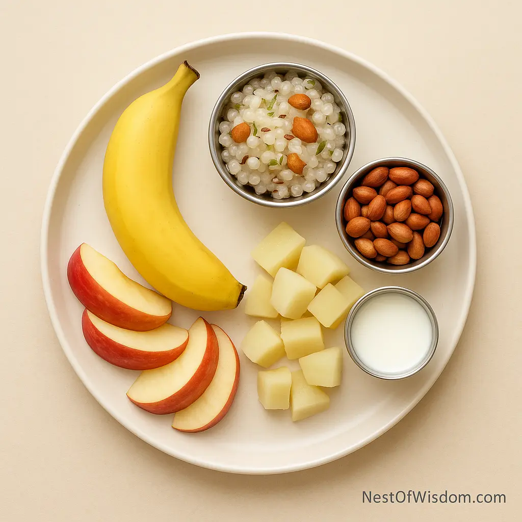 Benefits of Ekadashi Fasting — sattvic foods like banana, apple, sabudana khichdi, boiled potato, peanuts, and milk