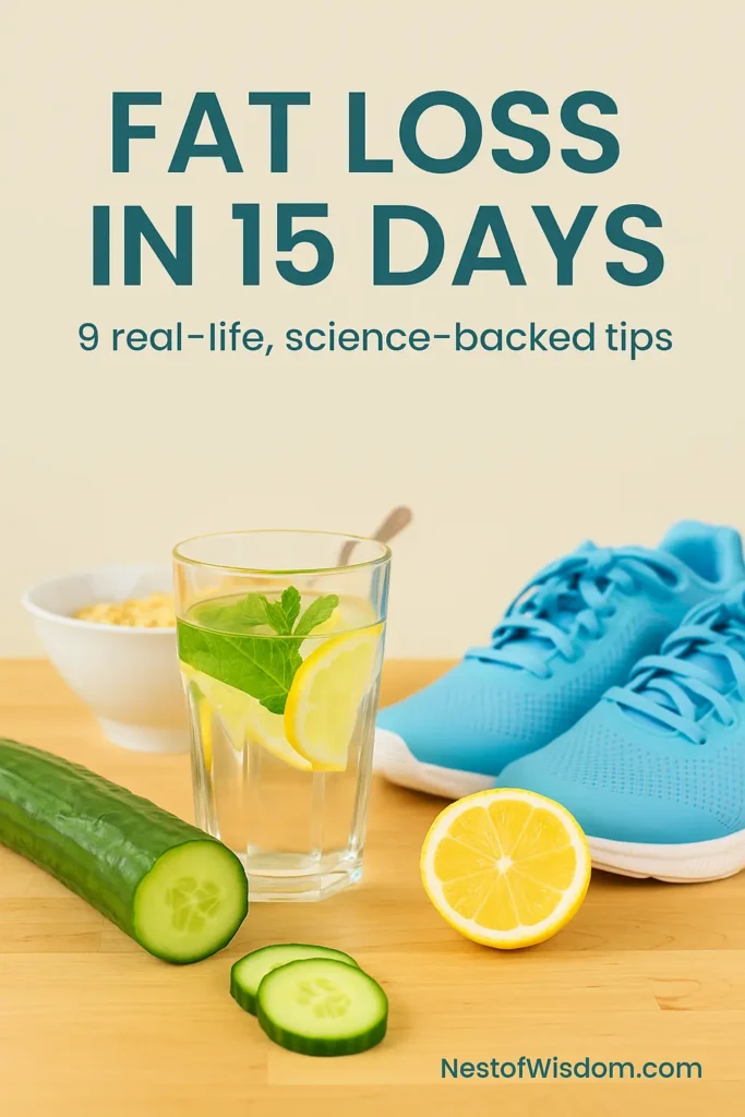 Cucumber, lemon water, oatmeal, and blue sneakers arranged on wooden table for fat loss theme