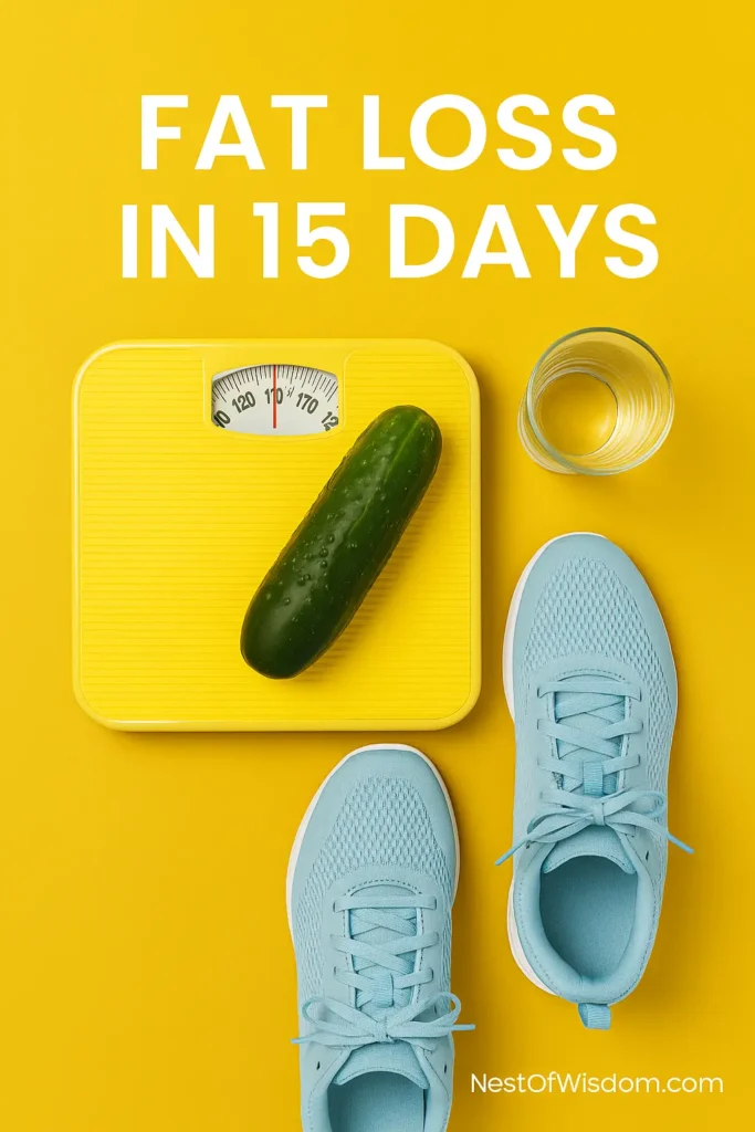 Fat Loss in 15 Days visual with cucumber, yellow scale, glass of water, and blue running shoes Slug: fat-loss-in-15-days