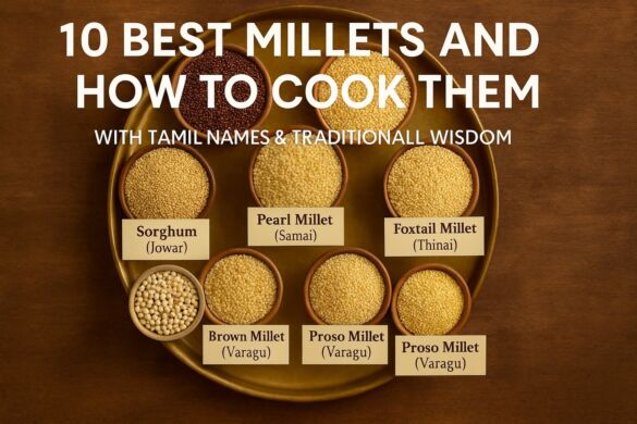 10 Best Millets – millet varieties with English and Tamil names on a brass tray