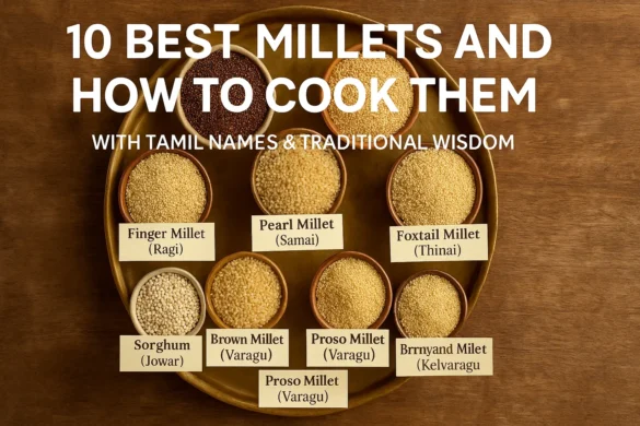 10 Best Millets – millet varieties with English and Tamil names on a brass tray