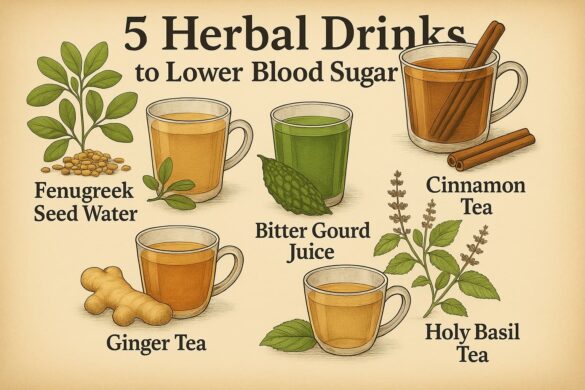 Herbal drinks to lower blood sugar – vintage botanical banner with fenugreek, cinnamon, bitter gourd, ginger, tulsi
