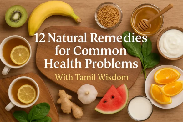 Natural Remedies Flatlay – kiwi, banana, ginger, garlic, yogurt, oranges