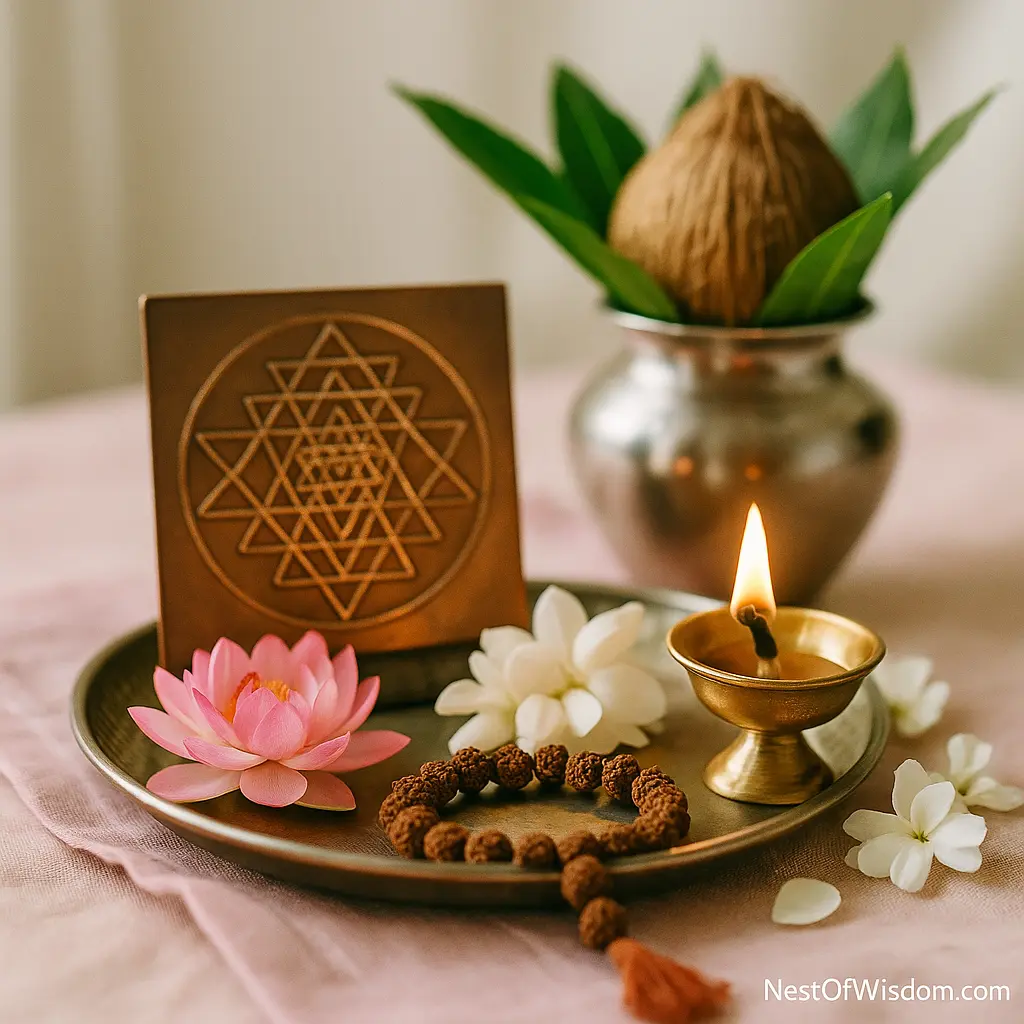 Home altar for Friday fasting (Shukravar Vrat) with diya, lotus, white and pink flowers, mild incense and small sattvic sweets.