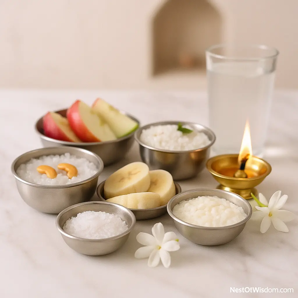 Sattvic Friday fasting foods on a brass thali—bananas, apples, guava, milk, coconut water and sabudana kheer for Shukravar Vrat.