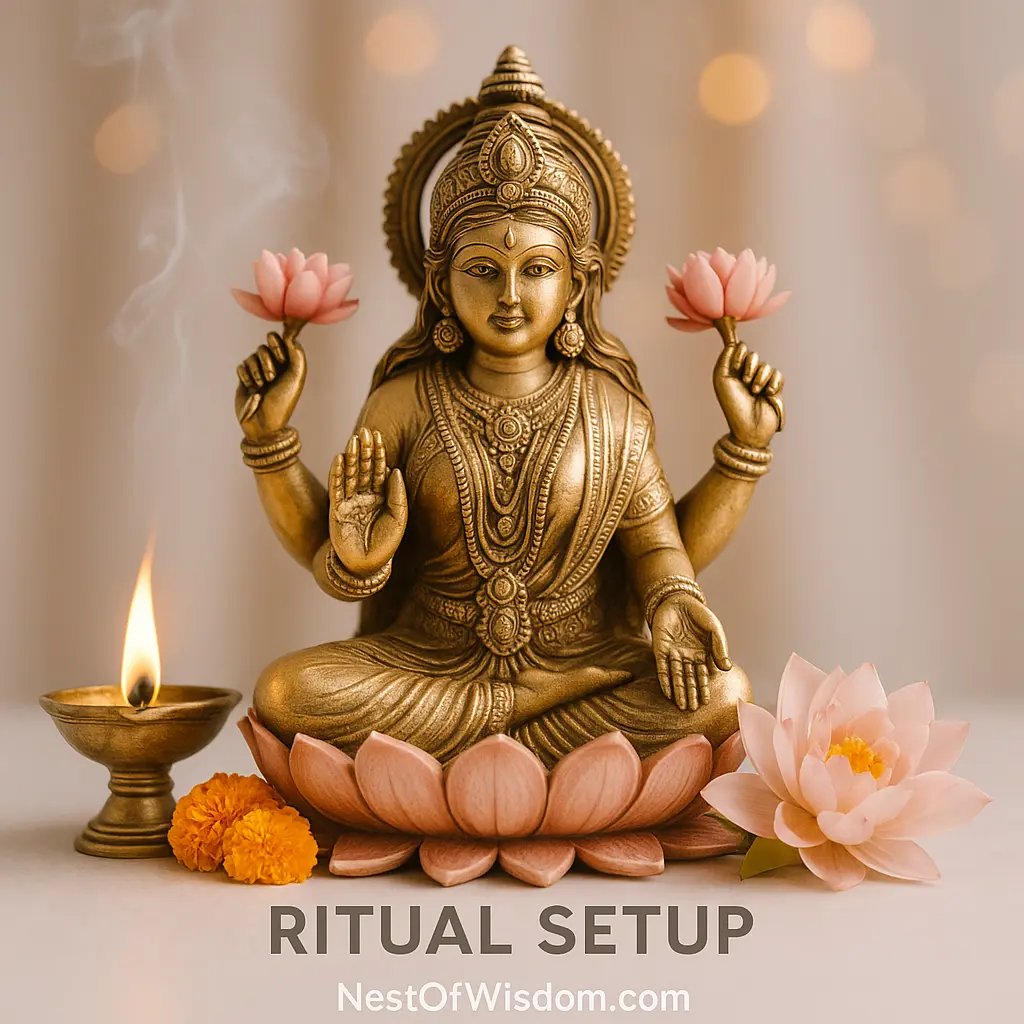 Goddess Lakshmi statue with lit diya, lotus and white flowers arranged for Friday fasting (Shukravar Vrat) puja.