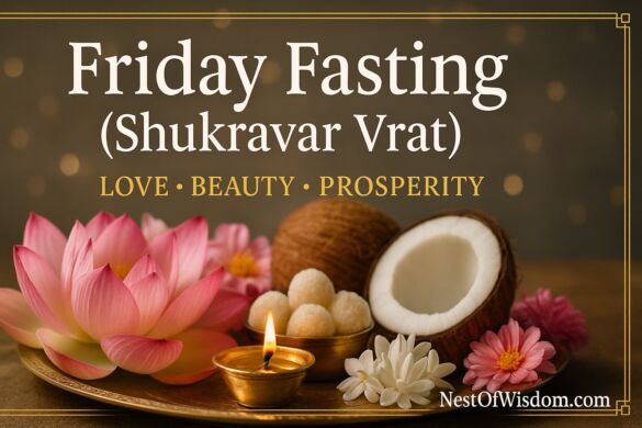 Friday Fasting (Shukravar Vrat) featured image with diya, lotus and white/pink flowers on a clean altar symbolizing Lakshmi and Venus.