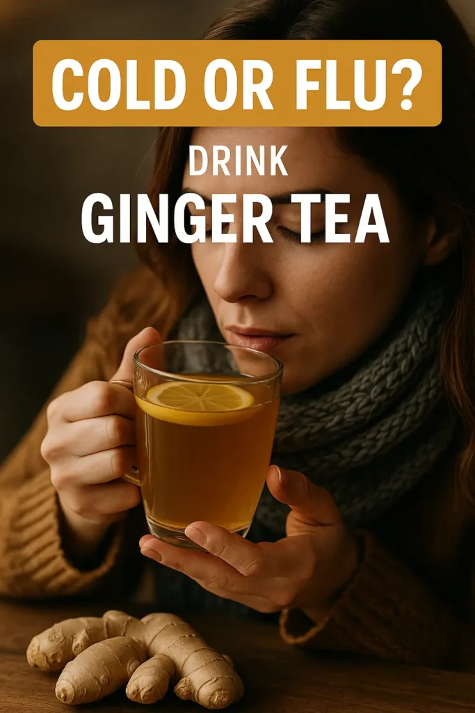 Person wearing a cozy sweater holding a steaming mug of ginger tea with lemon and sliced ginger on a wooden tray