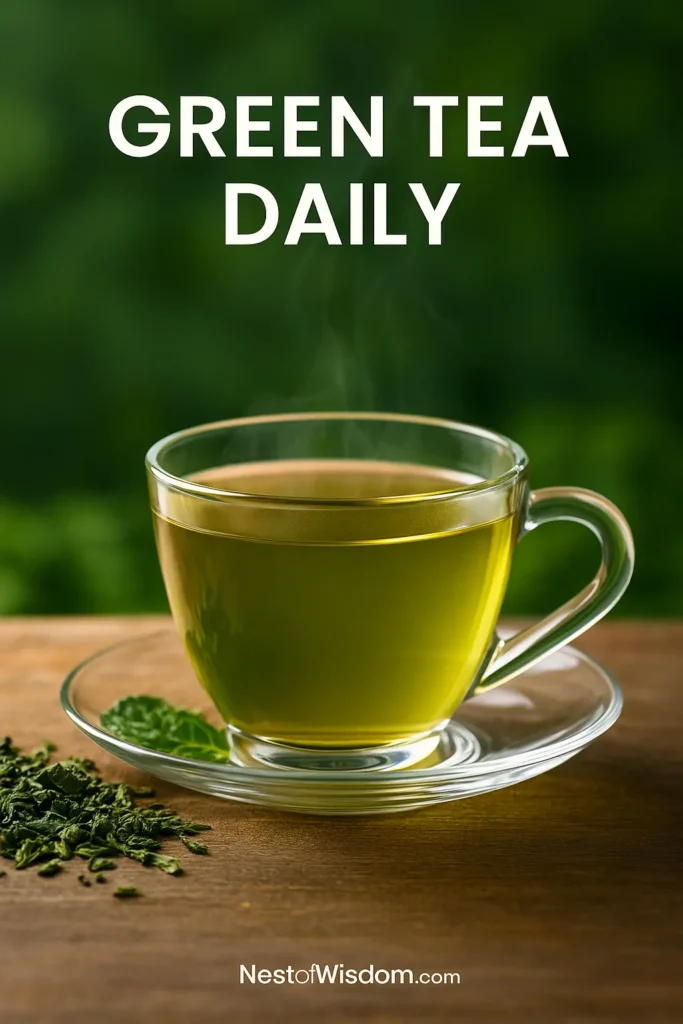 Glass cup of green tea with visible steam and loose leaves on wooden table