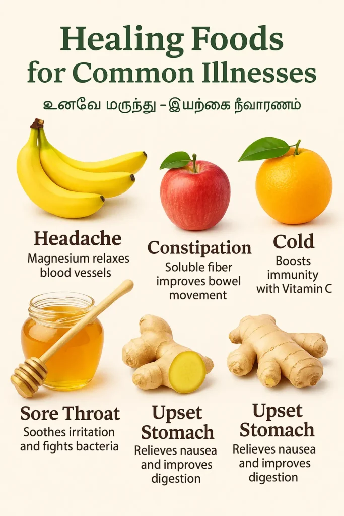Bananas, apple, orange, honey, and ginger shown as remedies for headache, constipation, cold, sore throat, and upset stomach