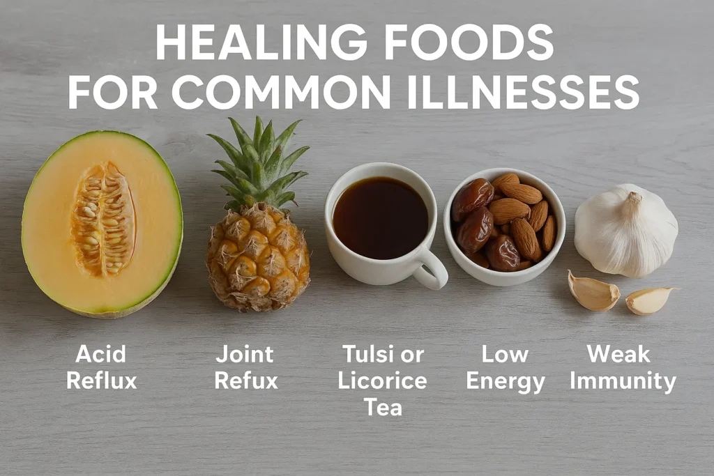 Melon, pineapple, tulsi tea, dates with almonds, and garlic shown as remedies for common illnesses
