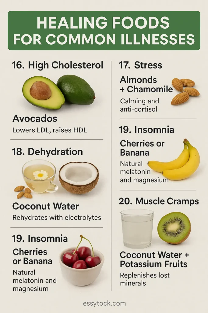 Infographic showing avocado, almonds with chamomile, coconut water, cherries, banana, and kiwi