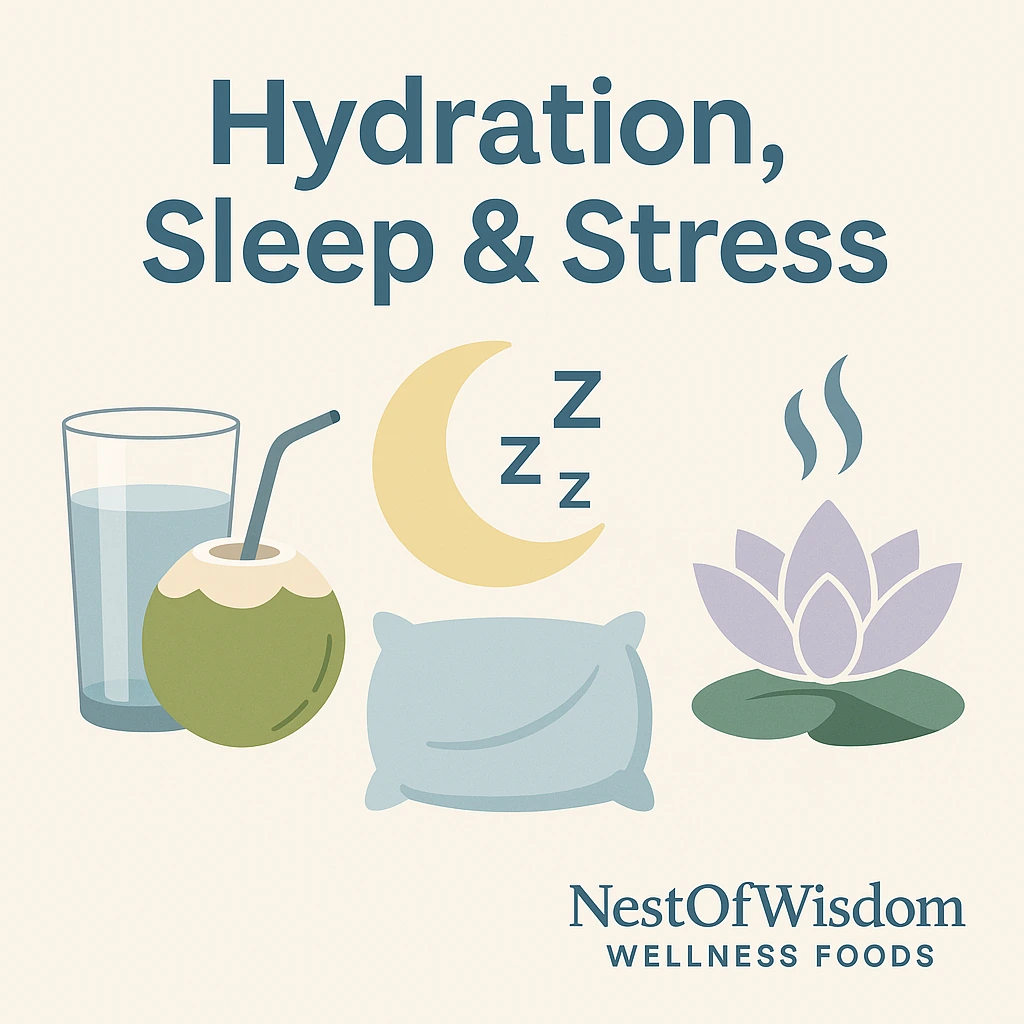 Hydration, Sleep & Stress — medical-style illustration; general section image for 20 Healing Foods for Common Illnesses.