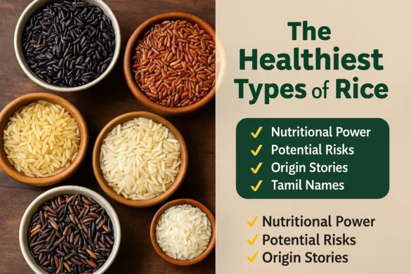 Bowls of different rice types with text highlighting nutritional power, risks, and origins
