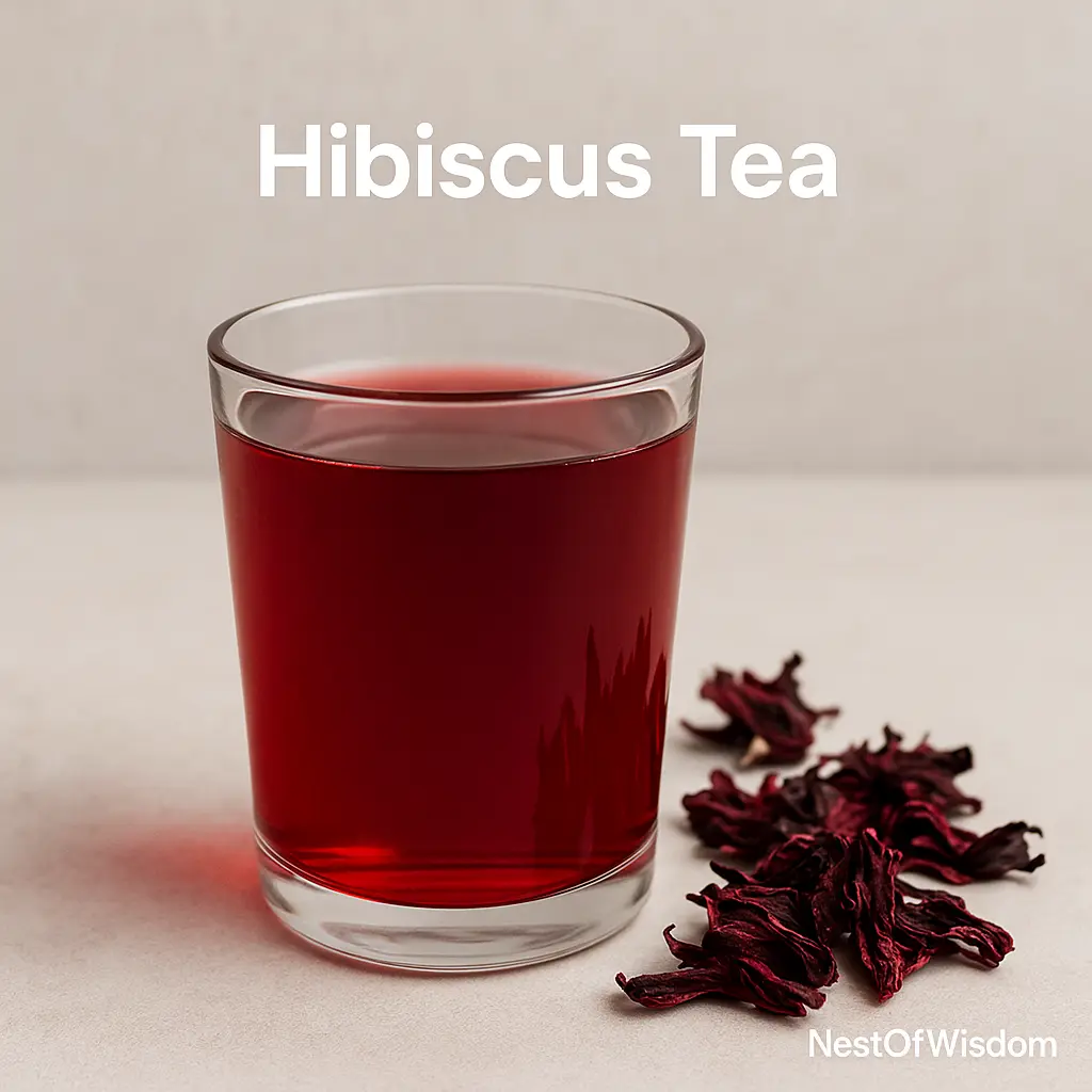 Herbal Drinks for Blood Pressure-hibiscus tea with dried petals; caption “Hibiscus Tea”