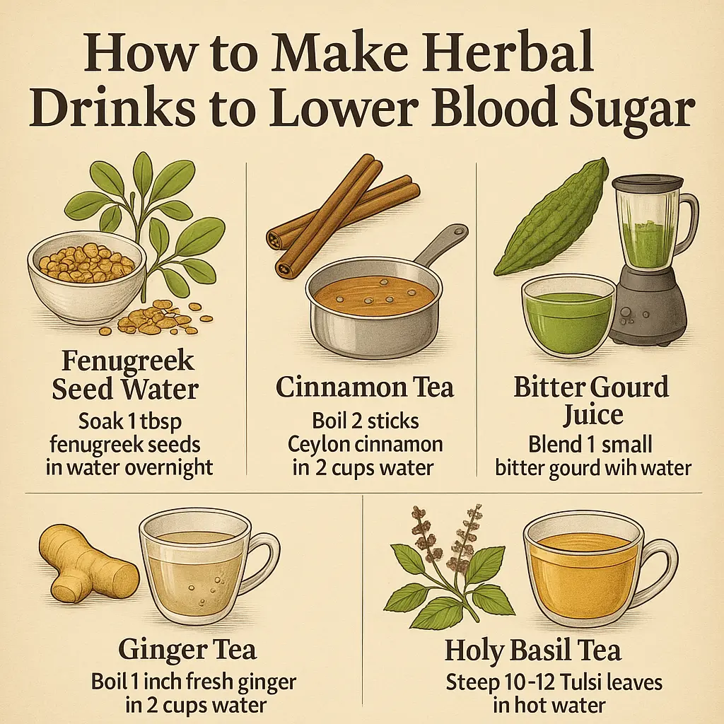 Infographic: how to prepare five herbal drinks — fenugreek water, cinnamon tea, bitter gourd juice, ginger tea, tulsi tea