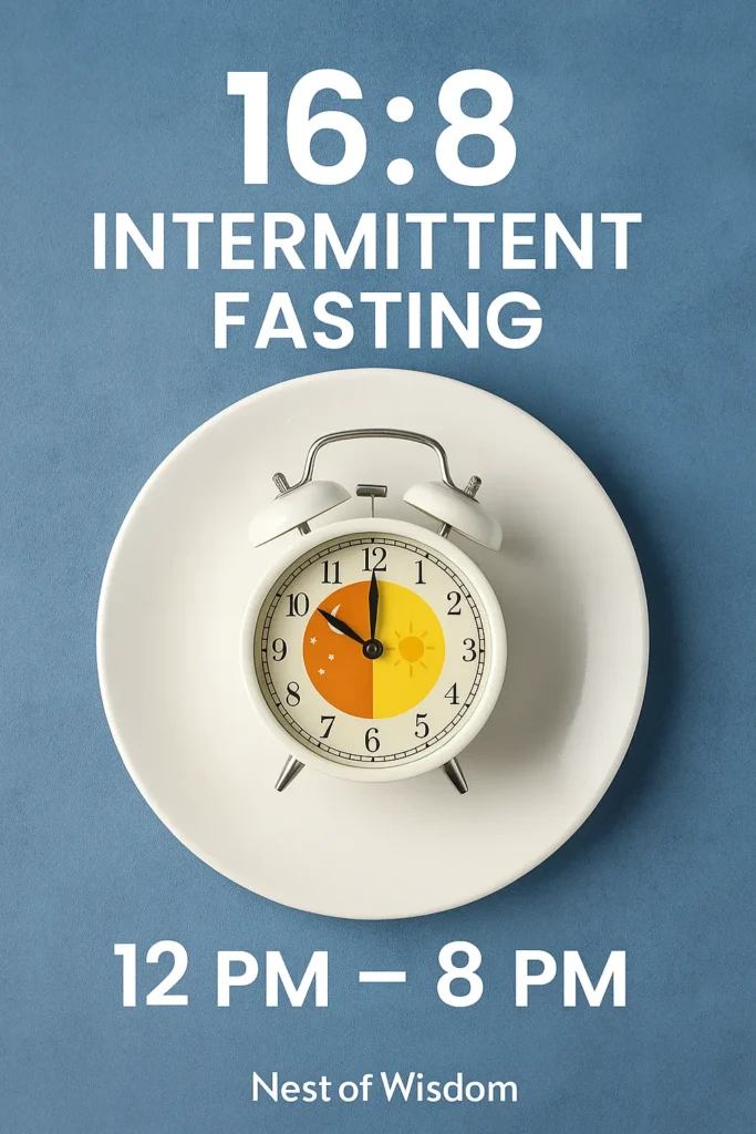 Clock on a white plate showing 12–8 eating window, labeled 16:8 Intermittent Fasting