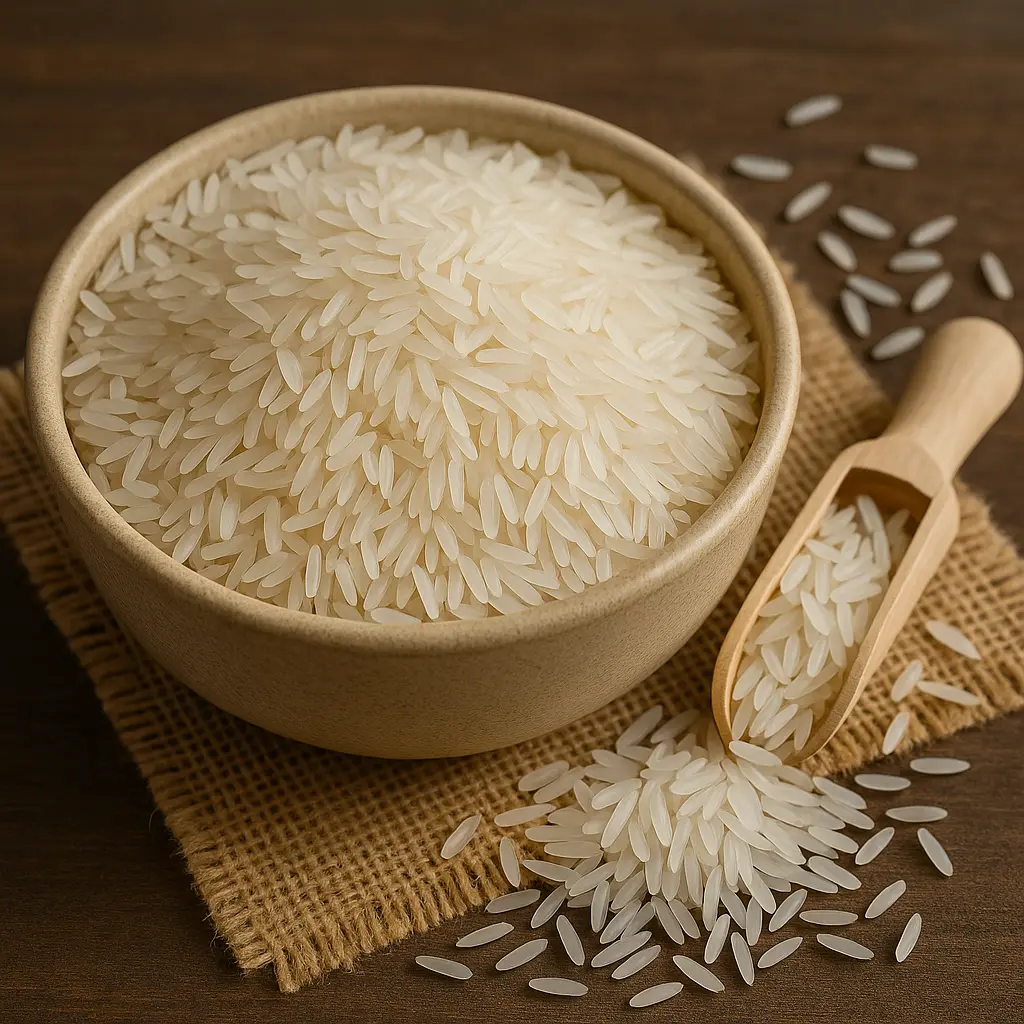 Jasmine rice in ceramic bowl and scoop with soft lighting