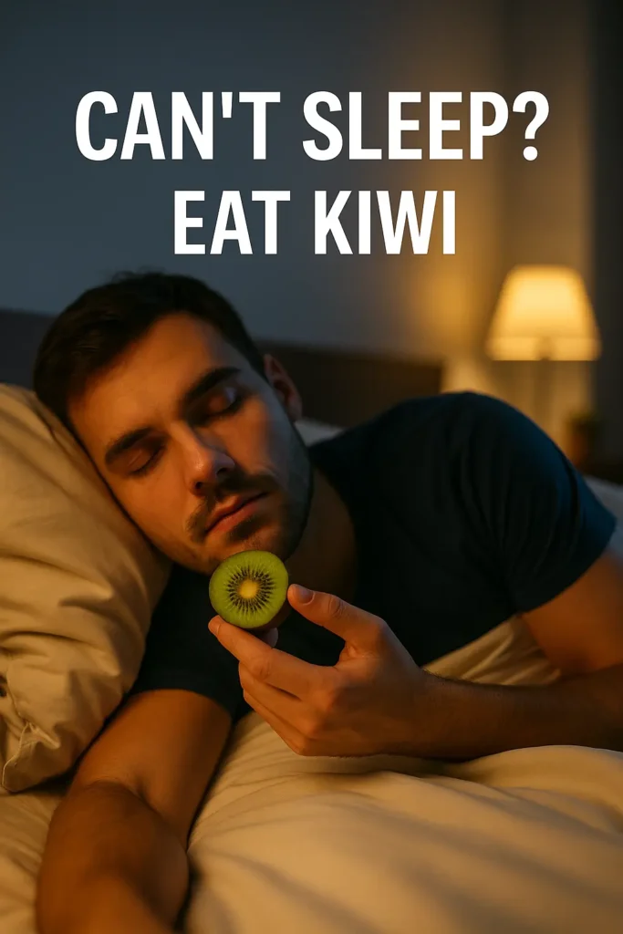 A man resting peacefully in bed holding a halved kiwi under warm lamp light, promoting natural sleep support