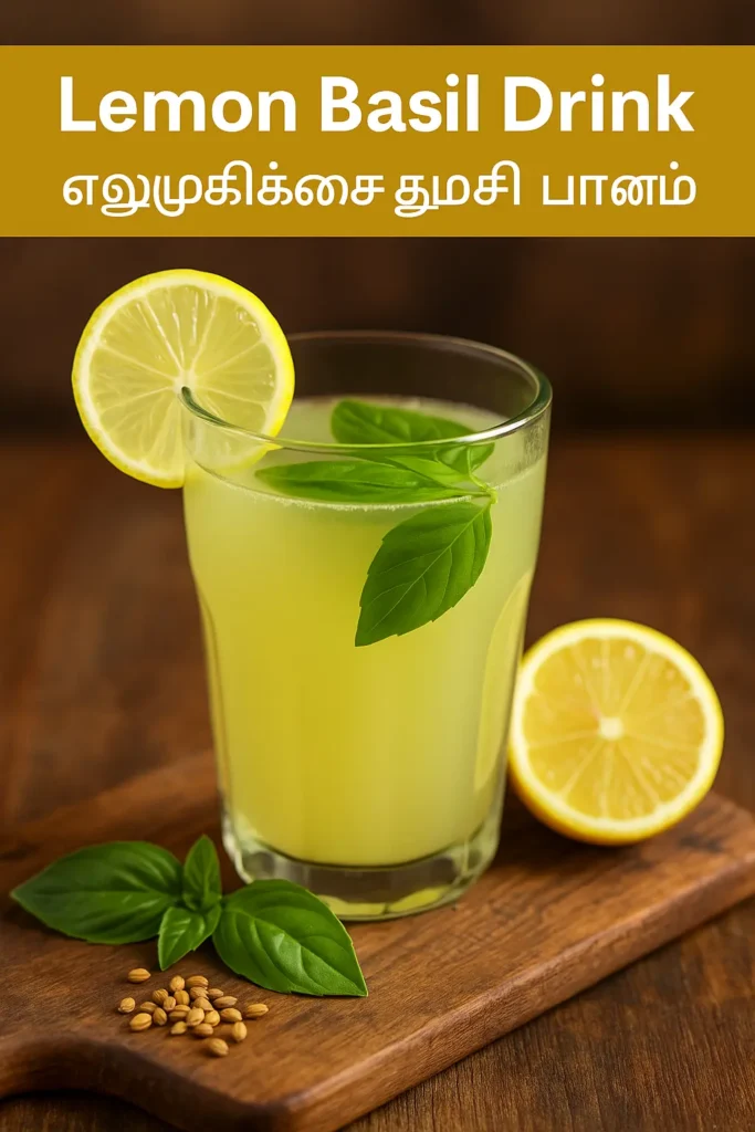 Lemon basil drink in glass with basil leaves and lemon slices