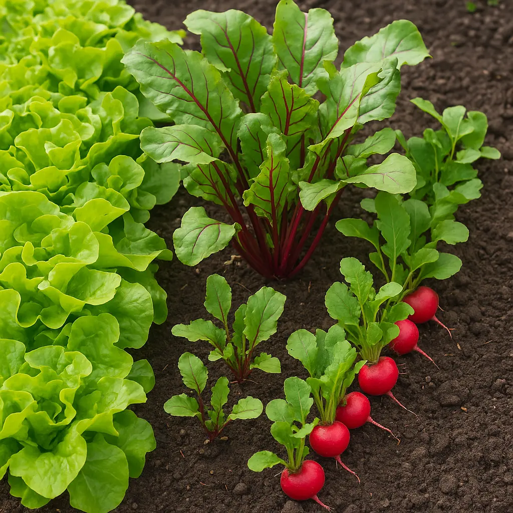 Lettuce, beet greens, and red radishes growing closely together in a compact garden bed