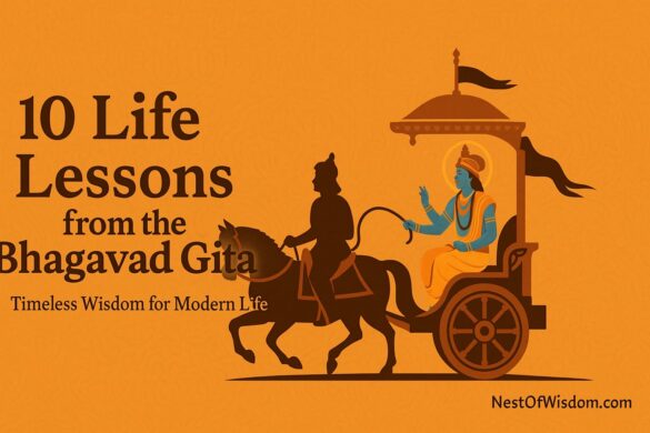 Life Lessons from the Bhagavad Gita – Krishna guiding Arjuna on the battlefield (traditional digital illustration)