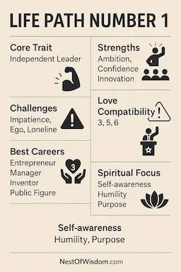 Infographic showing Life Path Number 1 strengths, challenges, careers, compatibility