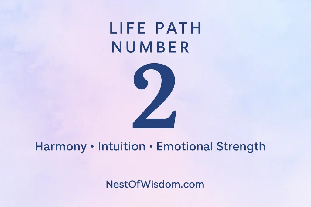  Life Path Number 2 with keywords harmony, intuition, and emotional strength on soft lavender-blue background