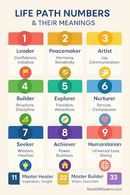 Life Path Numbers & Their Meanings – Full numerology infographic with all numbers and strengths