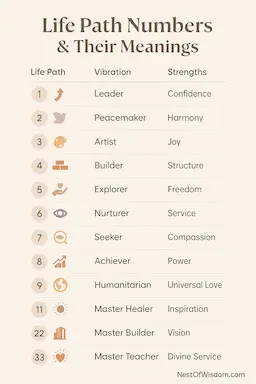 Life Path Numbers and Their Meanings – Infographic of vibrations and strengths from 1 to 33