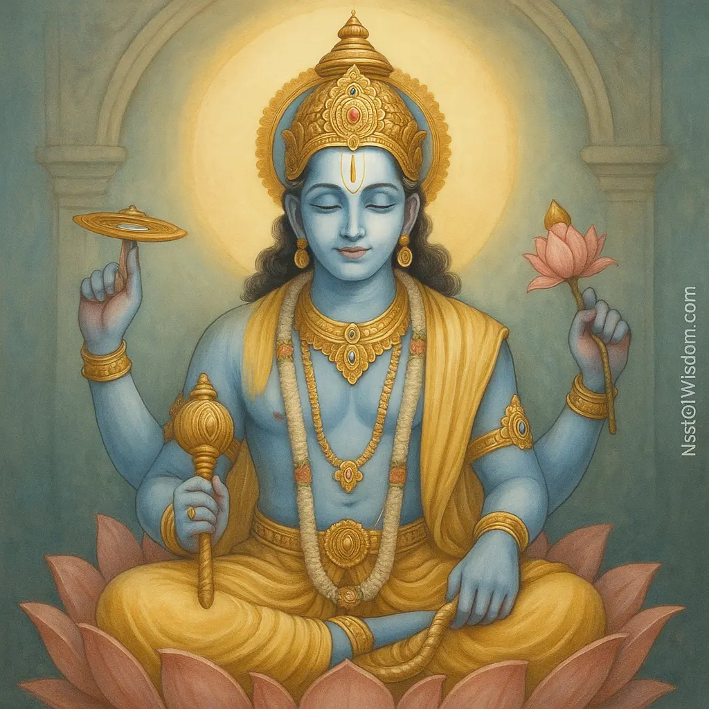 Benefits of Ekadashi Fasting — Lord Vishnu seated on lotus holding conch, discus, mace, and lotus with serene halo