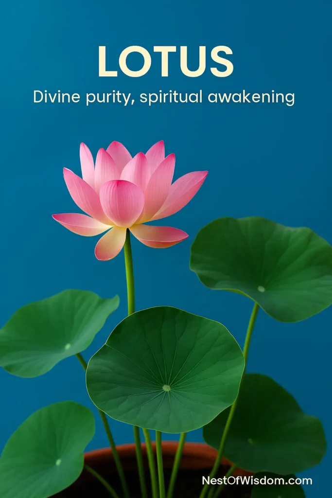 Pink lotus flower in full bloom with large green leaves on a blue background
