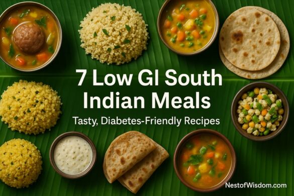 Collage of seven low glycemic index South Indian meals: ragi mudde, thinai upma, millet lemon rice, pongal, kurma with rotis, kambu dosai, sundal.