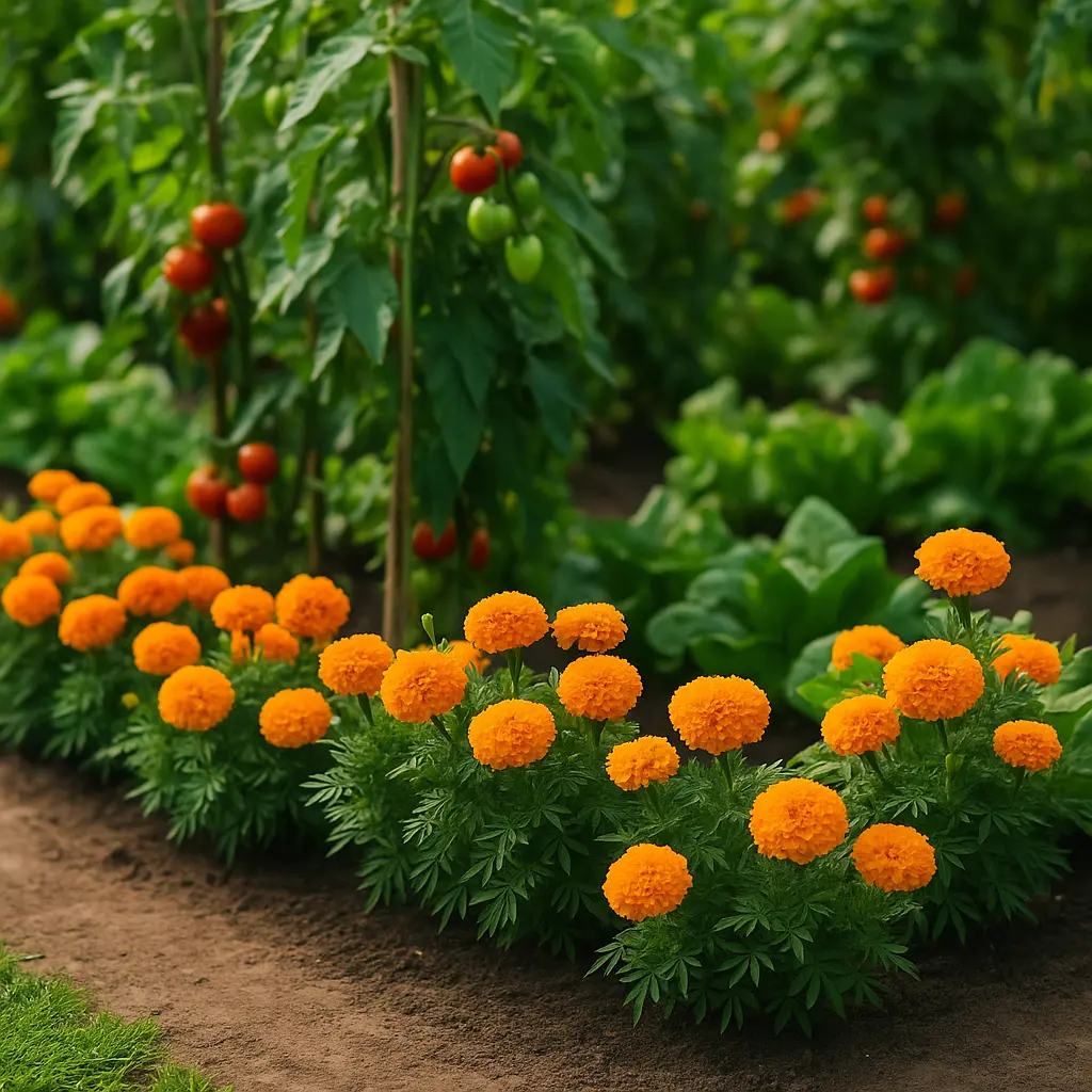 Marigolds blooming brightly around a vegetable garden bed with tomatoes and leafy greens
