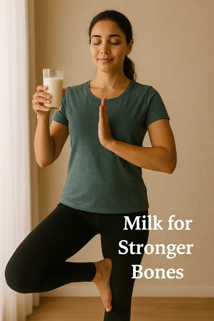 Milk for Stronger Bones – woman in tree pose holding a glass of milk
