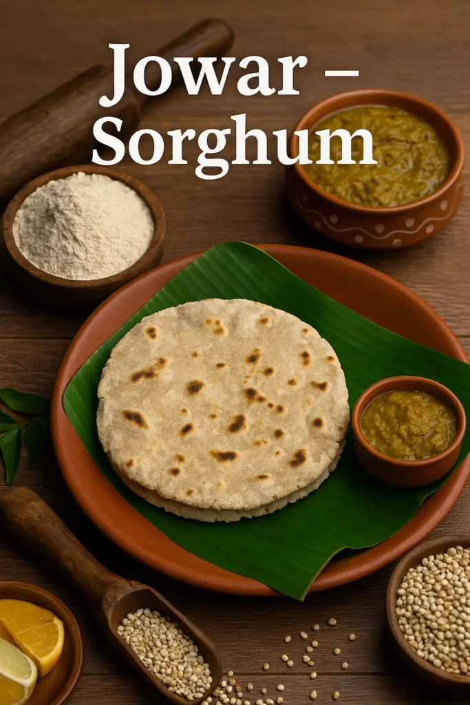 Jowar Sorghum – traditional roti with chutney, jowar flour, and grains