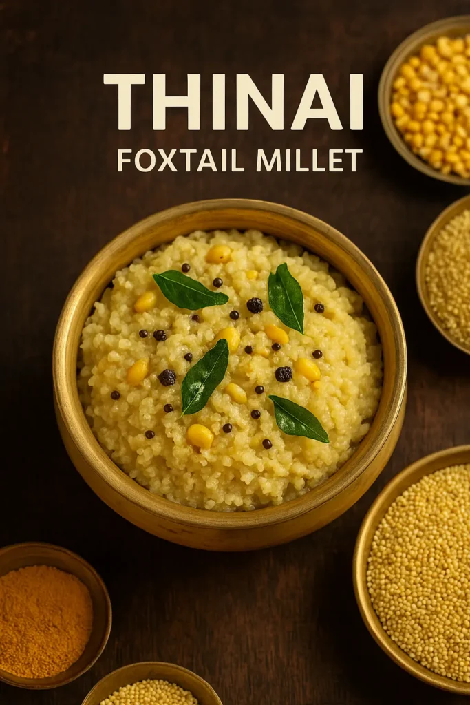 Foxtail Millet – Thinai pongal with moong dal, pepper, and curry leaves
