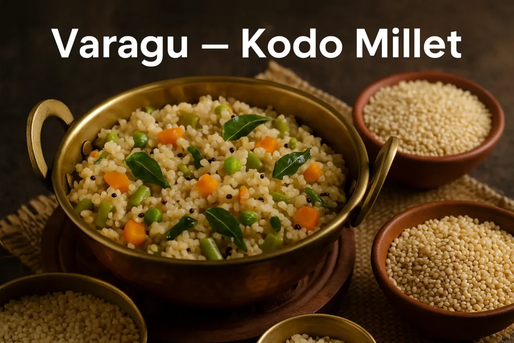 Varagu Kodo Millet – kichadi with vegetables in brass bowl