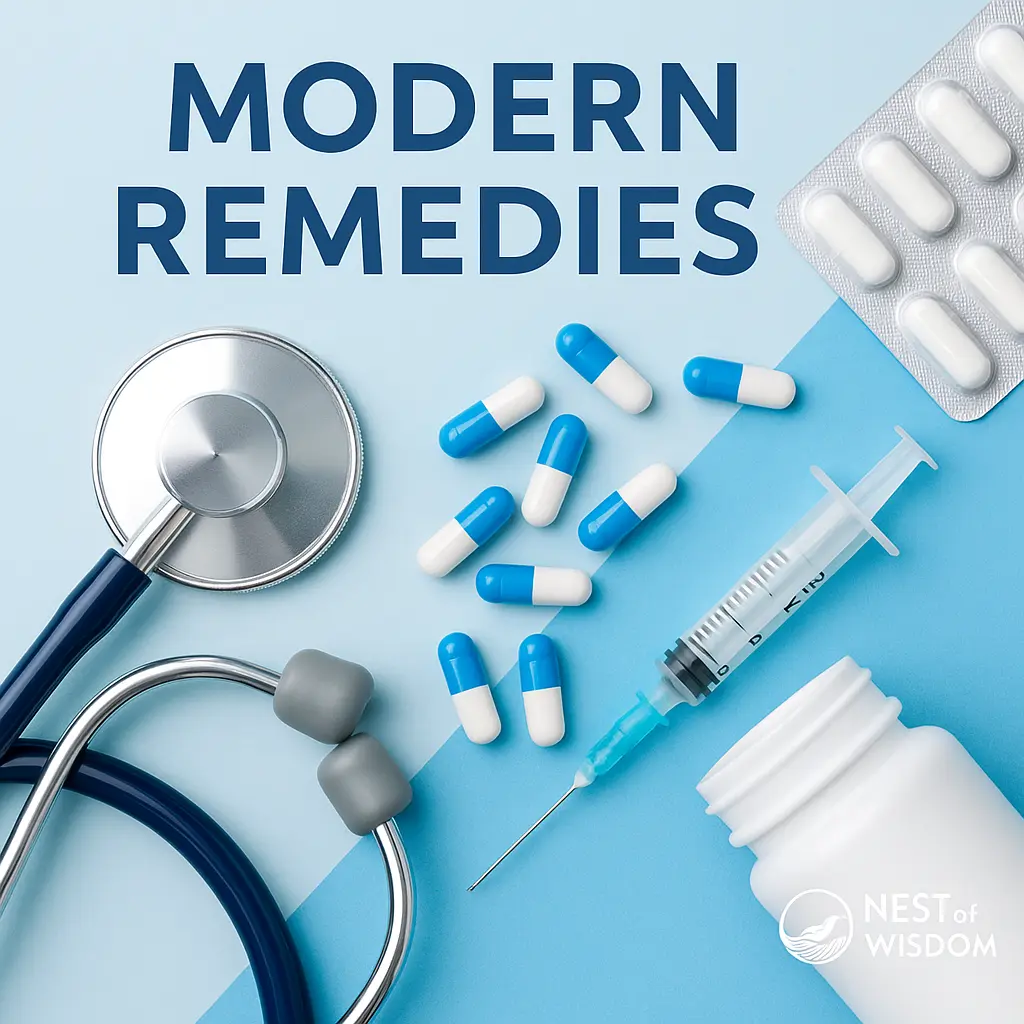 Modern Remedies — stethoscope, capsules, syringe, and medical tools on clinical background