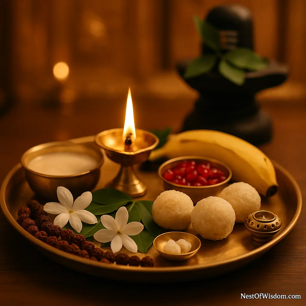 Brass aarti and prasad thali with diya, banana, ladoo, betel leaf and flowers for Monday Fasting Somvar Vrat