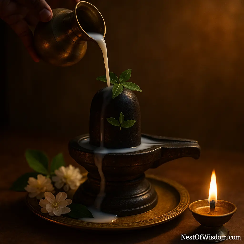 Milk abhishekam over a Shiva Linga with bilva leaves and diya for Monday Fasting Somvar Vrat