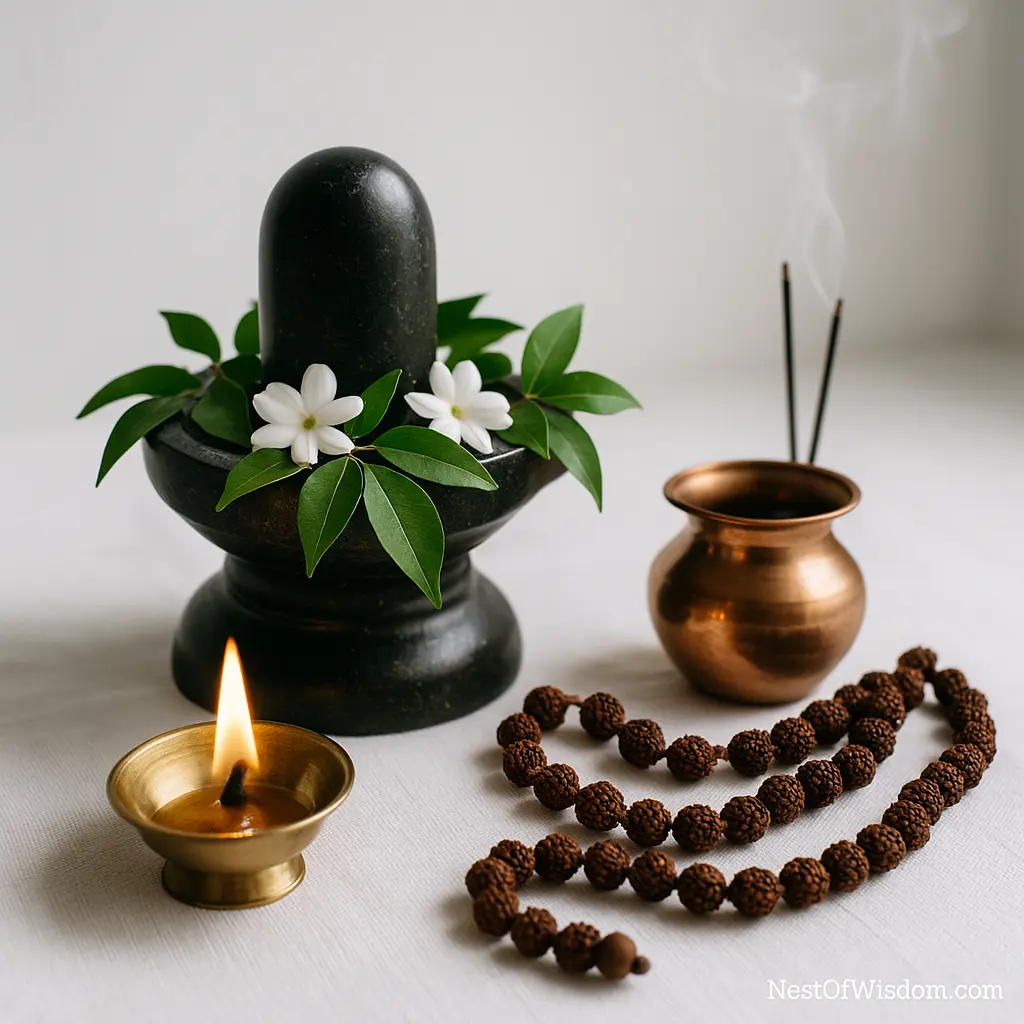 Shivalinga with bilva leaves, white flowers and a lit ghee diya arranged for Monday Fasting Somvar Vrat