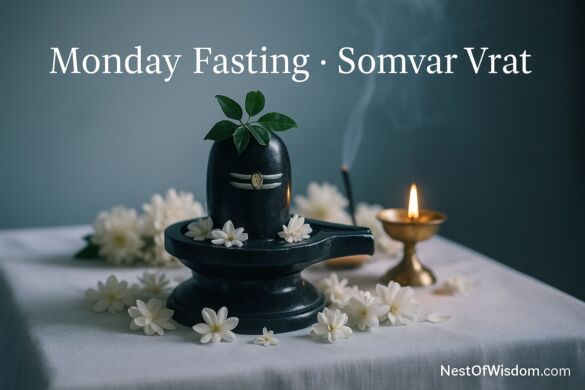 Shivalinga with bilva leaves, white flowers and a lit diya arranged for Monday Fasting (Somvar Vrat) home puja.