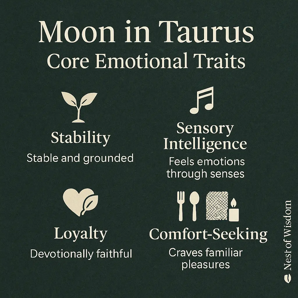 Moon in Taurus core emotional traits – stability, loyalty, sensory intelligence, comfort-seeking