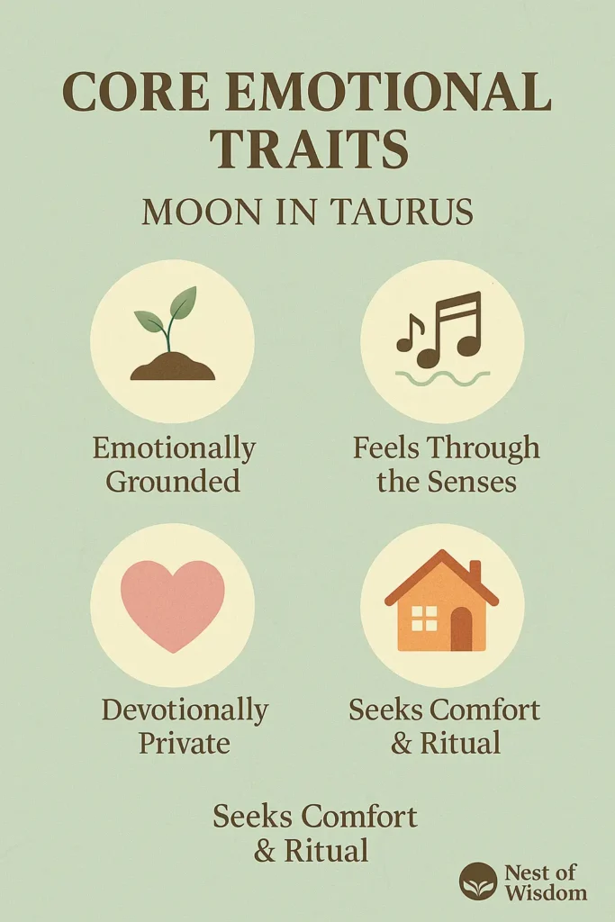 Moon in Taurus emotional traits – stability, sensory intelligence, loyalty, and comfort-seeking nature