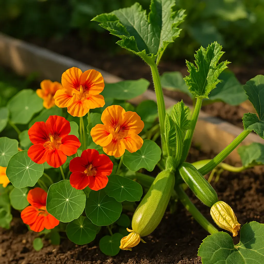 Bright orange and yellow nasturtiums blooming next to a young zucchini plant in a sunlit garden