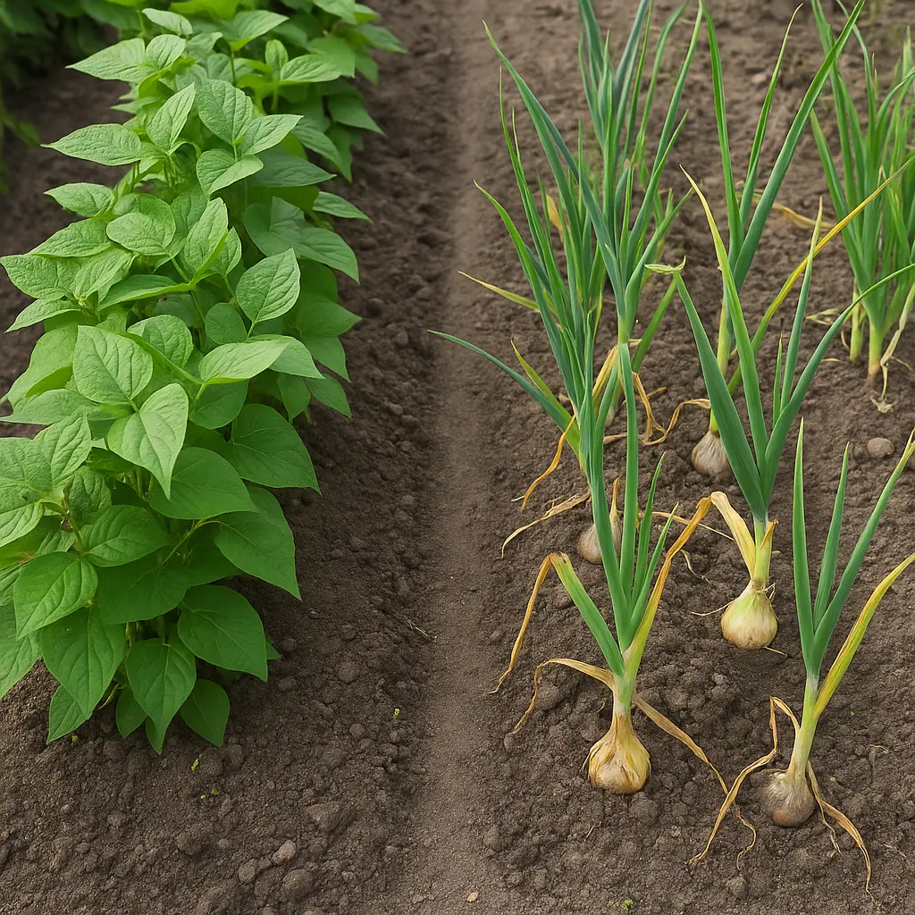 Beans growing in one garden section, with onions and garlic separated in a distant row