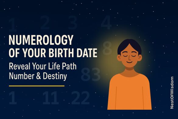 Numerology of your birth date hero: dark navy starfield, left title block, right illustration, right-edge brand bar